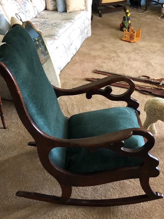 Antique vintage green velvet Victorian rocking chair