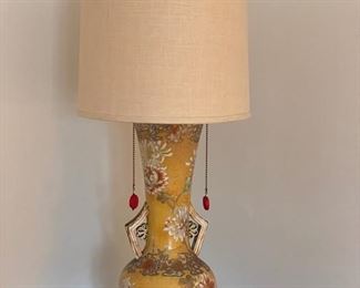 Yellow chinoiserie 2-way table lamp. Measures 52"H. Photo 2 of 2