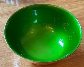 Vintage Reed and Barton silver-plate footed bowl with green enamel interior.