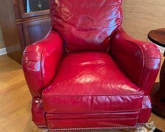 Pair of Wesley Hall red leather club chairs and ottoman with tufted top. Chairs measure 32"W x 40"D. Seat depth is 24" and height is 19". Photo 1 of 3