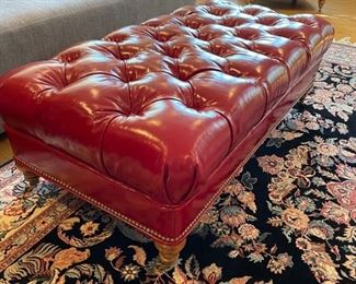 Pair of Wesley Hall red leather club chairs and ottoman with tufted top. Chairs measure 32"W x 40"D. Seat depth is 24" and height is 19". Photo 3 of 3