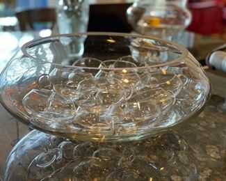 Glass fish bowl punch bowl and serving cups