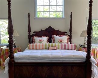 Bernhardt Primary Bedroom Set - sold as set or individually. Solid mahogany pieces include a King four-poster bed, dressing armoire and 6-drawer bureau and mirror. Accent pillows and bolster sold separately. Photo 1 of 3