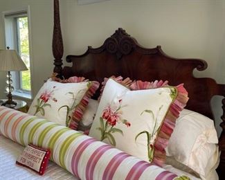 Bernhardt Primary Bedroom Set - sold as set or individually. Solid mahogany pieces include a King four-poster bed, dressing armoire and 6-drawer bureau and mirror. Accent pillows and bolster sold separately. Photo 2 of 3.