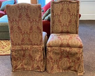 Set of two upholstered Parsons-style dining room chairs with skirts