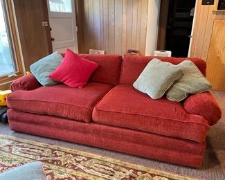 Smith Craft two-seat sofa upholstered in red chenille fabric. Measures 90"W. Photo 1 of 2