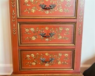 Pair of antique orange hand-painted three-drawer side tables. Measures 21"W x 12"D x 32"H