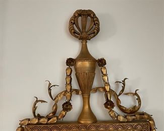 Pair of vintage ornate gold mirrors with metal floral accents. Each measures 61"H x 22"W. Photo 2 of 3