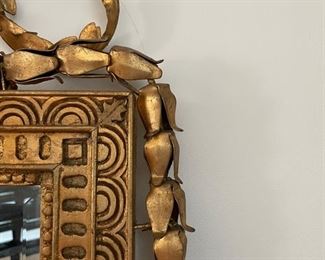 Pair of vintage ornate gold mirrors with metal floral accents. Each measures 61"H x 22"W. Photo 3 of 3