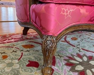 Two Francesca settees upholstered in pink silk fabric. Each measures 51"W x 41"H x 24"D. In excellent condition. Photo 3 of 3