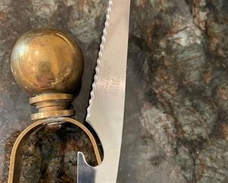 Vintage Maxwell Phillip brass bar knife and ice thongs. Photo 2 of 2