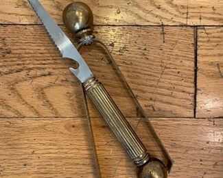 Vintage Maxwell Phillip brass bar knife and ice thongs. Photo 1 of 2