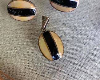 Onyx & Mother of Pear Pendent and Earrings,  set in Sterling. 