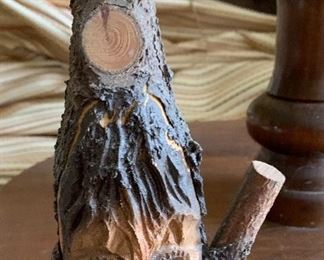 Carved wood decanter. 