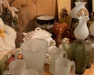Vintage frosted glass pitcher and beer mugs. Green glass bar ware. 