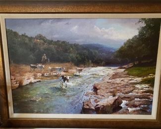 James Robinson (American, 1944-2015) Rare 30x24 Oil on canvas depicting Longhorns crossing a river