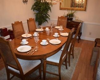 Mid Century Modern Dining Table with SIX Cane Back Chairs -GREAT SHAPE