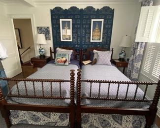 Antique bed suite with custom blue and white upholstery drapes chairs etc. Adorable for beach house!