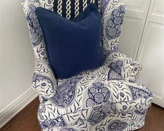 Blue and white slip covered wing back.  All custom upholstery. Matching curtains too.
