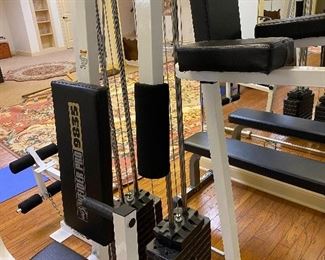 The Pro 9835 is a home gym system made by Weider Fitness in 1998. The gym consists of a leg press, leg extension, butterfly arms, press arms and a dip station. The high and low cable pulleys allow you to do an almost limitless number of upper and lower body exercises. Two weight stacks provide between nine and 410 lbs. depending on the exercise. A gently used piece of equipment at a great price.