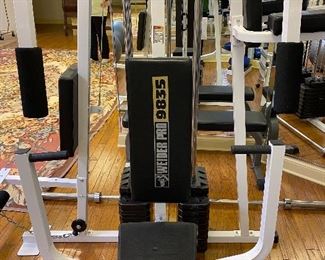 The Pro 9835 is a home gym system made by Weider Fitness in 1998. The gym consists of a leg press, leg extension, butterfly arms, press arms and a dip station. The high and low cable pulleys allow you to do an almost limitless number of upper and lower body exercises. Two weight stacks provide between nine and 410 lbs. depending on the exercise. A gently used piece of equipment at a great price.