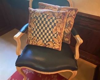 Navy leather wood arm accent chair
