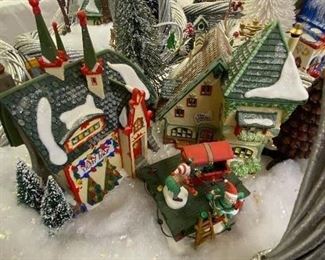 DEPT 56 North Pole lighted Glacier Gazette and Light shop in holiday basket with accessories