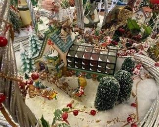 Dept 56 North Pole light up Poinsettia greenhouse with accessories in a holiday basket