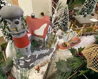 Dept 56 New England Village light up houses with accessories in basket