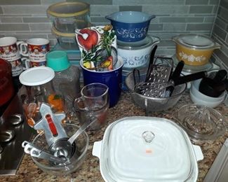 Vintage Corningware and Pyrex dishes.