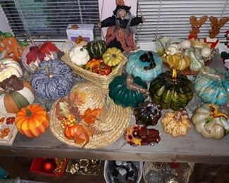 Autumn and Halloween decor including blown glass pumpkins.