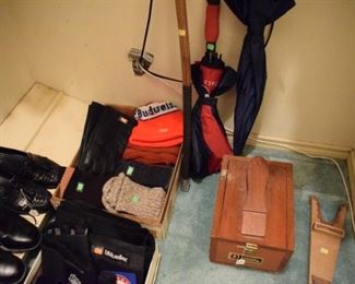 Golf umbrellas, back supports, and cold weather socks. Shoe shine kit.