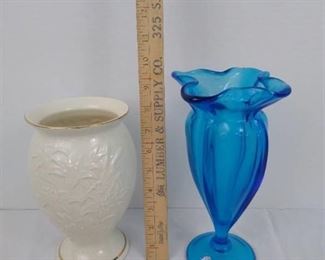 Blue Imperial vase and cream colored Lenox vase