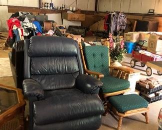 Leather Lazy-Boy recliner, oak glider with foot stool (2 available)
