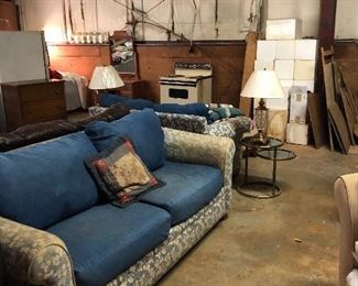 Denim sofa and love set. Needs cleaning but the most comfortable couch I've ever owned. Very sturdy.  Recovered cushions.