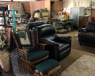 Black leather recliner, oak glider and foot stool (2 available)