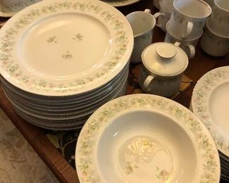 Johann Haviland "Forever Spring" china, Service for 12, includes five piece place setting, and serving pieces (gravy boat and plate, butter dish, salt/pepper, 2 platter, 3 serving bowls/dishes (1 covered), sugar & creamer