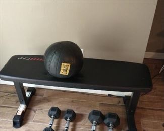 Weight bench, dumbbells (10lb, 20lb), 8lb medicine ball