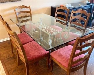 Glass top dining set with six (6) chairs: 72"L x 42"W x 30"H