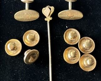 Etched Antique Century Yellow Gold Filled Button Cuff Links Bean Backs, Stick Pin & Gold Shell Tuxedo Buttons 