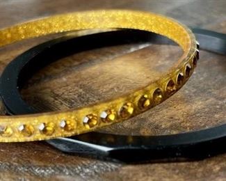 Vintage Art Deco Gold Rhinestone Celluloid & Black Faceted Bakelite Bangle Bracelet Lot