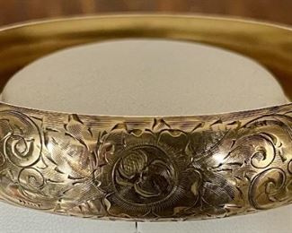 WMC Wolcott Manufacturing Company Etched Wide Antique Art Nouveau Gold Filled Bangle Bracelet 