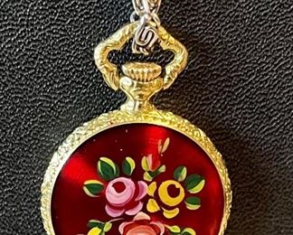 Jean Perret Geneve Red Floral Enamel Pocket Pendant Watch 17 Jewel Swiss Made With Silver Tone Chain Necklace