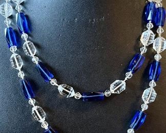 Gorgeous Art Deco 20" Cut Rock Crystal Necklace Sapphire Color Blue Faceted Glass Beads 