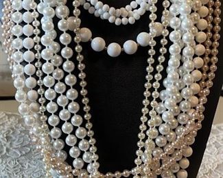 (6) Assorted Vintage Faux Pearl Necklaces Pink, White, & Ivory,  (1) Marvella Sterling Silver Clasp