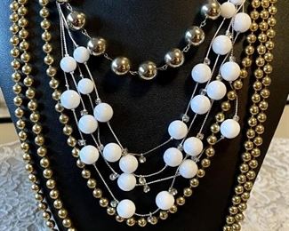 (2) Vintage Brass Ball Bead Necklaces, Silver & White Bead Ball Necklace And Silver Tone Bead Ball Necklace