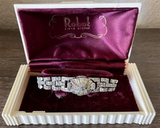 Vintage Robot 5th Avenue Rhinestone Encrusted Bracelet Watch 27 Jewel Swiss Made In Original Celluloid Box 