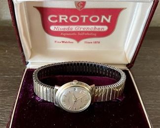 CROTON Nivada Grenchen Automatic Aquamatic Watch 25 Jewels, 10K GF Back W Kingsway Band In Original Box 