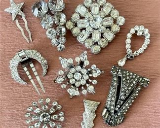 Art Nouveau Rhinestone Jewelry, Hair Clips, Sweater Clips, Button, Pins And Pendants 