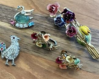 Vintage Coro Jelly Belly Swan, Paste Stone Rooster Pin & Austria Enamel Flower 3D Pin W Screw Back Earrings